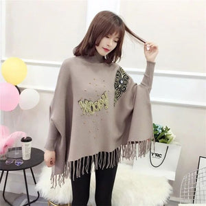 Winter high-neck lazy sweater women loose bat-sleeved jacket sweater cloak-style shawl tassel plus size autumn clothes tops