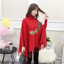 Load image into Gallery viewer, Winter high-neck lazy sweater women loose bat-sleeved jacket sweater cloak-style shawl tassel plus size autumn clothes tops