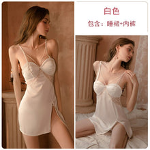 Load image into Gallery viewer, With Chest Pad Sleepwear Women Sexy Lingerie Deep V Lace Sling Nightdress Satin Slip Dress Night Gown Sleeveless Nightwear