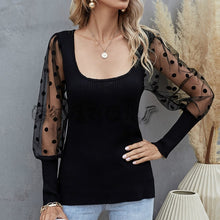 Load image into Gallery viewer, Woman Elegant Mesh Patchwork Blouse Long Sleeve Blouse Black Lace Transparent Dot Lantern Sleeve Pullover Streetwear Shirts