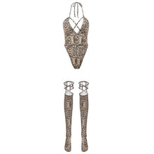 Load image into Gallery viewer, Woman Nightclub Pole Dance Set High Elasticity Sexy Snake Print Bodysuit Stocking 2 Pce Set Adult Sex Fantasy Cosplay Costume