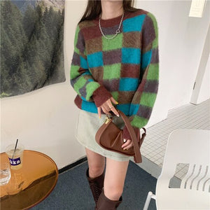 Woman Sweaters 2021 Autumn New Korean Fashion Casual Wild Round Neck Loose Lattice Plaid Pattern Long-sleeved Knitted Sweater