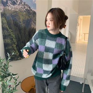 Woman Sweaters 2021 Autumn New Korean Fashion Casual Wild Round Neck Loose Lattice Plaid Pattern Long-sleeved Knitted Sweater