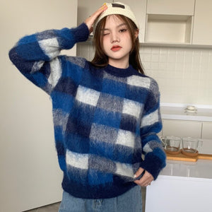 Woman Sweaters 2021 Autumn New Korean Fashion Casual Wild Round Neck Loose Lattice Plaid Pattern Long-sleeved Knitted Sweater