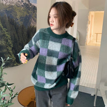 Load image into Gallery viewer, Woman Sweaters 2021 Autumn New Korean Fashion Casual Wild Round Neck Loose Lattice Plaid Pattern Long-sleeved Knitted Sweater