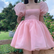 Load image into Gallery viewer, Woman Sweet Pink Dress 2021 Summer Retro Elegant Square Collar Puff Sleeve Fluffy Dress Korean Organza Mini Princess Dress