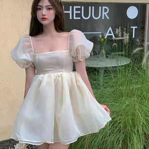Woman Sweet Pink Dress 2021 Summer Retro Elegant Square Collar Puff Sleeve Fluffy Dress Korean Organza Mini Princess Dress