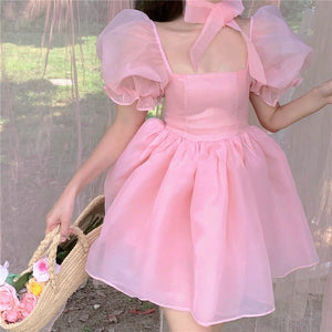 Woman Sweet Pink Dress 2021 Summer Retro Elegant Square Collar Puff Sleeve Fluffy Dress Korean Organza Mini Princess Dress