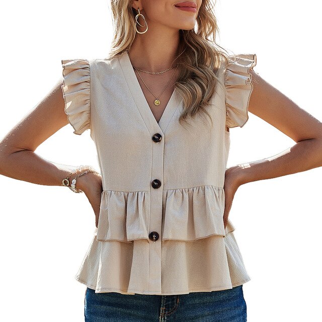 Woman Tops Summer 2021 Ruffle Sleeveless Sexy V-Neck Vest Cute Vintage Streetwear Fashion Loose Casual Tops Mujer Khaki