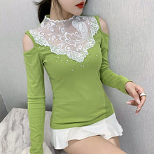 Load image into Gallery viewer, Woman tshirts New 2021 Spring Fashion Casual Long Sleeve Lace Tops And Shirt Elegant Slim Sexy Hollow Out Hot drilling T-Shirt