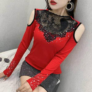 Woman tshirts New 2021 Spring Fashion Casual Long Sleeve Lace Tops And Shirt Elegant Slim Sexy Hollow Out Hot drilling T-Shirt