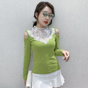 Woman tshirts New 2021 Spring Fashion Casual Long Sleeve Lace Tops And Shirt Elegant Slim Sexy Hollow Out Hot drilling T-Shirt