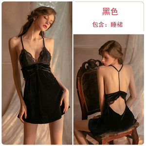 Wome’s Sexy Underwear Skirt Velvet Lace Perspective Hollow Strap Sleepwear Night Dress Female Nightgown See Through
