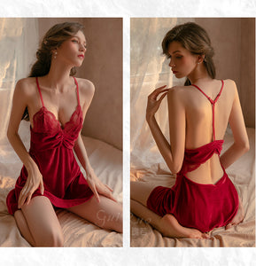 Wome’s Sexy Underwear Skirt Velvet Lace Perspective Hollow Strap Sleepwear Night Dress Female Nightgown See Through