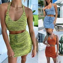 Load image into Gallery viewer, Women 2 Pieces Vest Skirts Suit Fashion Solid Color Knitted Halter Bandage Tube Crop Tops Tank High Waist Short Skirt