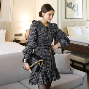 Women 2020 Winter New Korean Style Temperament Double-Breasted Sashes Ruffled Bodycon Dress Long Sleeve Plaid Dress Female