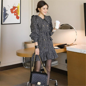 Women 2020 Winter New Korean Style Temperament Double-Breasted Sashes Ruffled Bodycon Dress Long Sleeve Plaid Dress Female