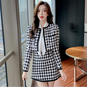 Women 2021 Autumn Winter Long Sleeve Crop Top Jacket + Short Skirt Tweed 2 Piece Set Plaid Woolend Outfits