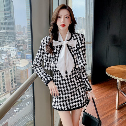 Women 2021 Autumn Winter Long Sleeve Crop Top Jacket + Short Skirt Tweed 2 Piece Set Plaid Woolend Outfits