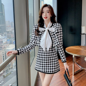 Women 2021 Autumn Winter Long Sleeve Crop Top Jacket + Short Skirt Tweed 2 Piece Set Plaid Woolend Outfits