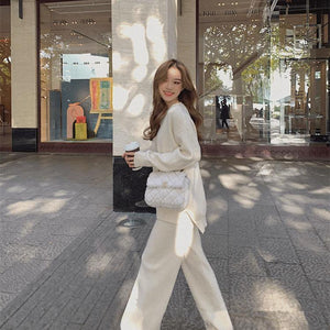 Women 2021 Autumn Winter New Two Piece Set Female Pullover Sweater Knit Tracksuit High Waist Knitted Straight Pants Suit I58