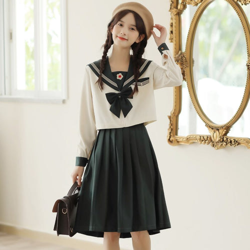 Women 2021 Japanese Fresh JK Preppy Style Skirt Suit Female Retro Flower Embroidered Navy Collar Crop Top+Pleated Skirt Sweet