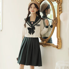 Load image into Gallery viewer, Women 2021 Japanese Fresh JK Preppy Style Skirt Suit Female Retro Flower Embroidered Navy Collar Crop Top+Pleated Skirt Sweet