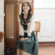 Load image into Gallery viewer, Women 2021 Japanese Fresh JK Preppy Style Skirt Suit Female Retro Flower Embroidered Navy Collar Crop Top+Pleated Skirt Sweet