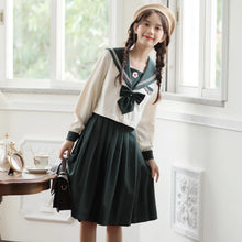 Load image into Gallery viewer, Women 2021 Japanese Fresh JK Preppy Style Skirt Suit Female Retro Flower Embroidered Navy Collar Crop Top+Pleated Skirt Sweet