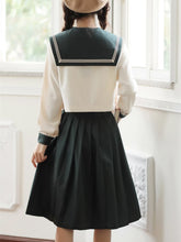 Load image into Gallery viewer, Women 2021 Japanese Fresh JK Preppy Style Skirt Suit Female Retro Flower Embroidered Navy Collar Crop Top+Pleated Skirt Sweet