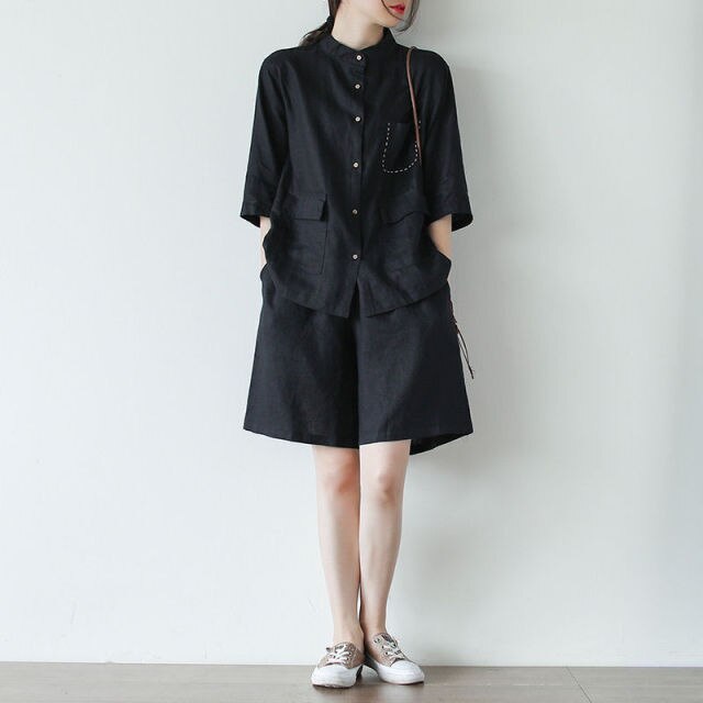 Women 2021 Summer Fashion Cotton Linen 2 Piece Suits Female New O-neck T-shirt Ladies Elastic Waist Loose Shorts Sets R23