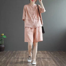 Load image into Gallery viewer, Women 2021 Summer Fashion Cotton Linen 2 Piece Suits Female New O-neck T-shirt Ladies Elastic Waist Loose Shorts Sets R23