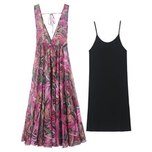 Load image into Gallery viewer, Women 2021 Summer Flower Print Two Pieces Set Office Lady V-Neck Sleeveless Bodycon Long Dress &amp; Spaghetti Strap Dress Suit W407