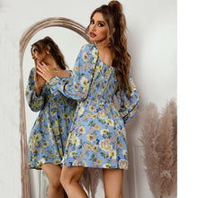 Load image into Gallery viewer, Women 2022 Vintage Spring Square Collar Dress Casual Long Sleeve Floral Print Summer Jumper Backless A-Line Female Mini Dresses