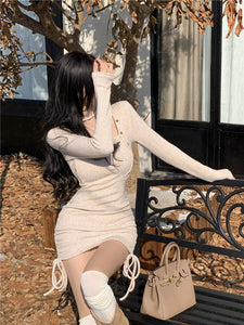 Women Autumn 2023 Korean Style Drawstring Side Tight-fitting Long-sleeved Retro Dress Slim  Irregular Dress