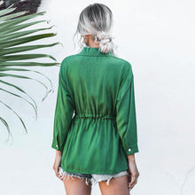 Load image into Gallery viewer, Women Autumn Casual Shirt Turn Down Collar Long Sleeve Drawstring Sashes Tops Female Fashion Vintage Elegant Solid Office Blouse