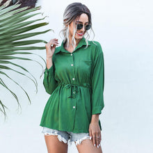 Load image into Gallery viewer, Women Autumn Casual Shirt Turn Down Collar Long Sleeve Drawstring Sashes Tops Female Fashion Vintage Elegant Solid Office Blouse