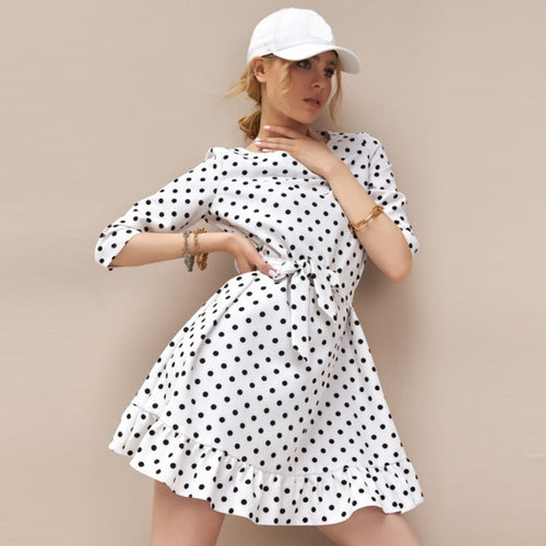 Women Autumn Dot Printed Dress Seven Sleeve O neck Elegant Ruffle A-line Mini Dress 2021 New Fashion Casual Bohemian Beach Dress