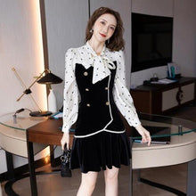 Load image into Gallery viewer, Women Autumn Fashion Sweet Mini Dress Long Sleeve Lace-up Collar Polka Dot Print Patchwork Slim Pleated Dress Female Vestidos
