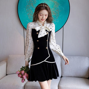 Women Autumn Fashion Sweet Mini Dress Long Sleeve Lace-up Collar Polka Dot Print Patchwork Slim Pleated Dress Female Vestidos