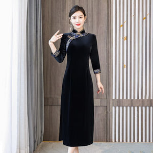 Women Autumn Velvet Improved Cheongsam Stand Collar Vintage Embroidery Buckle Split Fork Qipao Chinese Style Slim Midi Dress