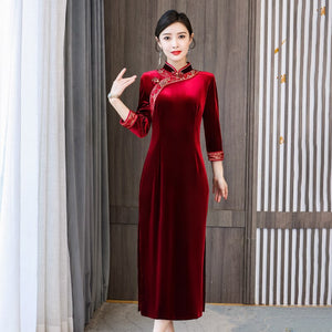 Women Autumn Velvet Improved Cheongsam Stand Collar Vintage Embroidery Buckle Split Fork Qipao Chinese Style Slim Midi Dress