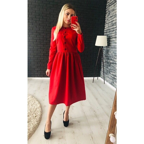 Women Autumn Winter Button Solid Straight Dress Office Lady O Neck Long Sleeve Dress 2020 Fashion Elegant Party Mid Length Dress