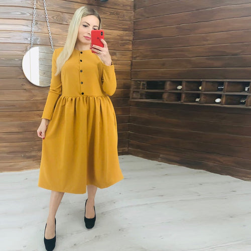 Women Autumn Winter Button Solid Straight Dress Office Lady O Neck Long Sleeve Dress 2020 Fashion Elegant Party Mid Length Dress