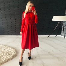Load image into Gallery viewer, Women Autumn Winter Button Solid Straight Dress Office Lady O Neck Long Sleeve Dress 2020 Fashion Elegant Party Mid Length Dress