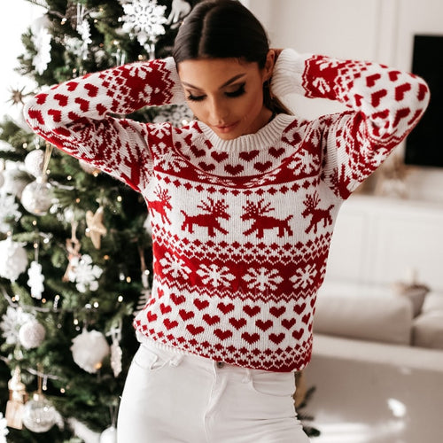 Women Autumn Winter Christmas Sweater Ladies Knitted Jumper Pullover Women Sweater Snowflake Elk Print  Sweaters And Pullovers