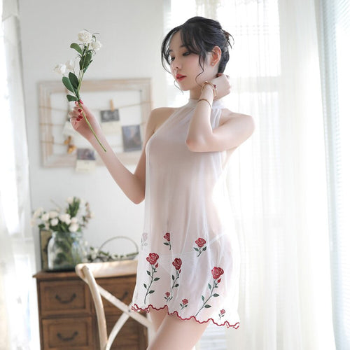 Women Backless Elegant Lace Up Sleepwear With T Pants Lady's Floral Embroidery Mesh Skirt Sets Sexy See Through Nightdress