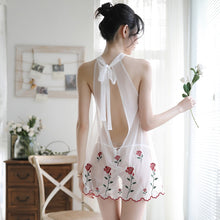 Load image into Gallery viewer, Women Backless Elegant Lace Up Sleepwear With T Pants Lady&#39;s Floral Embroidery Mesh Skirt Sets Sexy See Through Nightdress