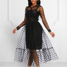 Load image into Gallery viewer, Women Black Mesh Two Pieces Set Polka Dot See Through Transparent Shirts Tops Tulle Skirts Lining Elastic Waist Pleated Jupes