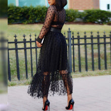 Load image into Gallery viewer, Women Black Mesh Two Pieces Set Polka Dot See Through Transparent Shirts Tops Tulle Skirts Lining Elastic Waist Pleated Jupes